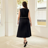 Robe midi décontractée noire unie respirante pour femme, sans manches, col carré, ceinture ornée, coupe trapèze