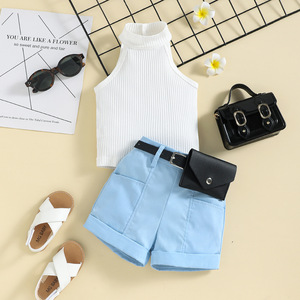Girls' Summer Casual 3-Piece Clothing Set Sleeveless Top Solid Color Pocket Shorts Suit Side <b>Purse</b> - Product Image 2