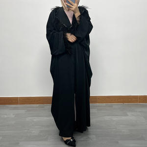 Dubai American <strong>UK</strong> O Man New Arrival <strong>Black</strong> Color Fabric Loose Size Feather Decoration Neck Cuff New Arrival Women <strong>Abaya</strong> - Product Image 3