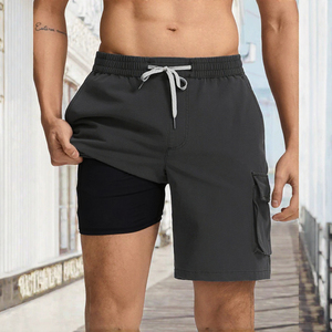 Shorts de bain pour hommes, couleurs unies, 2 en 1, extensibles dans quatre directions, poche pour téléphone, plage, séchage rapide, 100% polyester, taille élastique - Product Image 3