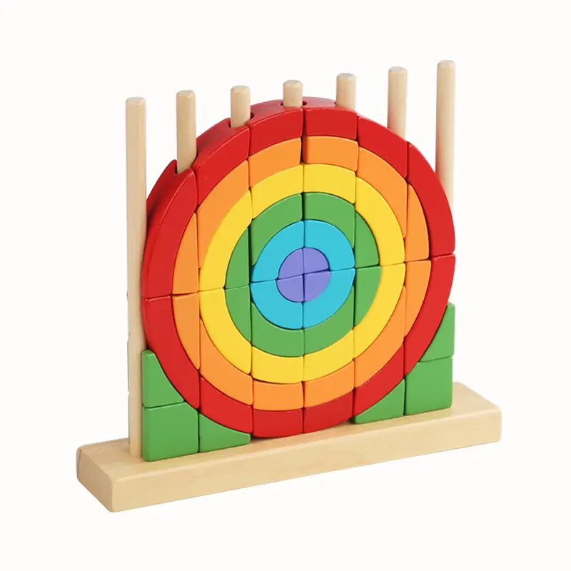 Pädagogisches Holz spielzeug Regenbogen puzzle blockiert 3D-Kreisringe Geometrisches Mosaiks piel mit vertikaler Muster konstruktion