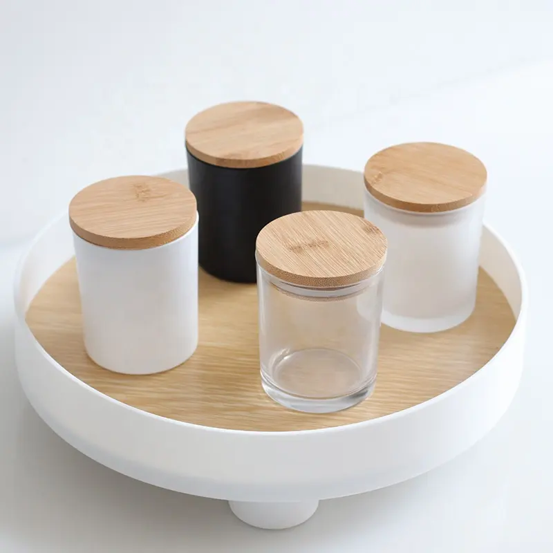 Nouveau pot de bougie en verre, tasse vide, porte-bougie mat givré avec ou sans couvercle en bois, récipient votif, bougie décorative avec logo personnalisé