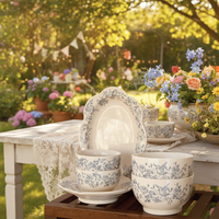 Service de vaisselle en céramique écologique de style français vintage, motif végétal, bleu azur rêve, rétro, pour dessert, gâteau, thé de l'après-midi, pâtisserie