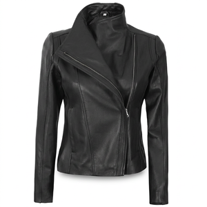 Women's Genuine Leather Moto <b>Jacket</b> Full Sleeve Stand Collar Zipper Closure Autumn Solid Color Regular Length - Product Image 4