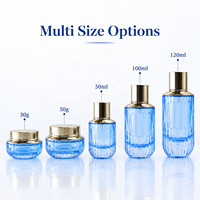 Set Kemasan Perawatan Kulit Kaca Biru 30g 50g 40ml 100ml 120ml Botol Krim Losion Toner Kosmetik