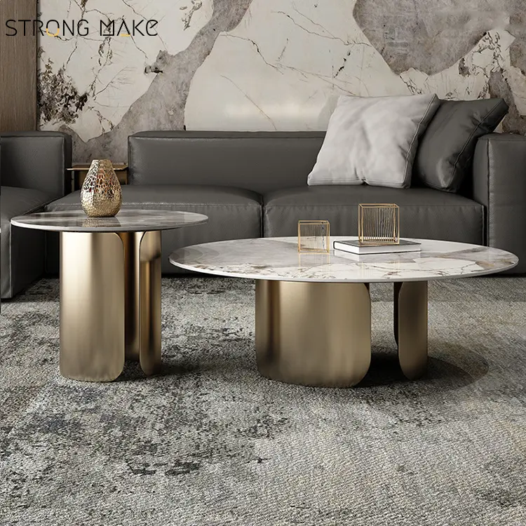 強力なメイク家具ハイエンドリビングルーム家具金属テーブル真鍮ステンレス鋼ラウンド大理石コーヒーテーブル