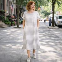 Tunique en lin pur personnalisée pour femmes, dos ouvert, avec rayures - Fournisseur de haute qualité pour les vêtements féminins