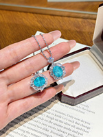 Ensemble de bijoux en or blanc 18 carats avec diamant Paraiba cultivé en laboratoire, pierre principale ovale, halo fantaisie, bague et pendentif 2 pièces, gemmes colorées, bijoux fins
