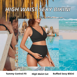 Conjunto de Bikini de Maternidad Negro Sólido Personalizado OEM, Traje de Baño de Dos Piezas para Embarazo, Cintura Alta, Soporte para el Vientre, Traje de Baño de Lactancia - Product Image 2