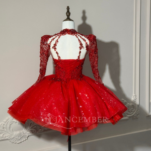 Xs310 Stunning <b>Red</b> Modern Quinceanera Ball Gown Sweetheart Lace Beaded Long Sleeve <b>Glitter</b> Tulle Chapel Train Formal Party - Product Image 5