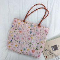 Tas Makan Siang Kecil Motif Bunga Bordir Model Ember Tas Tangan Minimalis Tas Kanvas Kerja