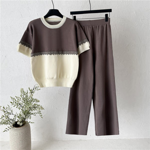 Ensemble pull tricoté d'été pour femme, manches courtes, col rond, blocs de couleur, pantalon coupe ample, tenue deux pièces, coupe ajustée, vêtements décontractés - Product Image 4