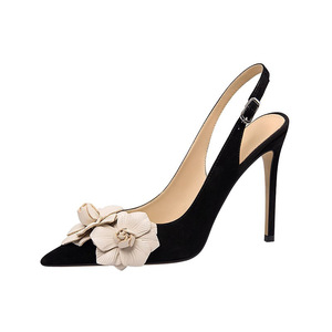 Sandali con Tacco Alto Eleganti e Sexy per Donne Francesi, Design Floreale, Taglia Grande, in Microfibra Nera - Product Image 5