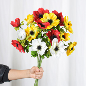 Bouquet de fleurs artificielles d'anémone rose, jaune et blanc en plastique pour décoration de mariage et arrangement en vase - Product Image 3