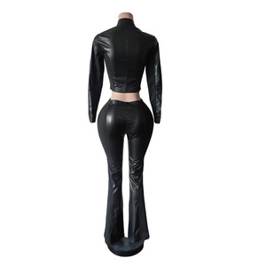 C0318 Cổ Phiếu Mới Dài Tay PU Da Rắn Quần Giản Dị Căng Cộng Với Kích Thước <span class=keywords><strong>2</strong></span> Mảnh Thiết Lập - Product Image 6