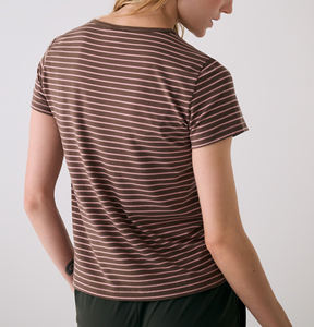 T-shirt rayé marron et rose pour femme, col rond, manches courtes, coupe ajustée, en jersey extensible, décontracté, basique, vente en gros OEM/ODM - Product Image 2