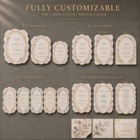 Cartes de menu de mariage à bords festonnés ondulés, motif floral, papier texturé personnalisé multi-tons aquarelle fleurs sauvages