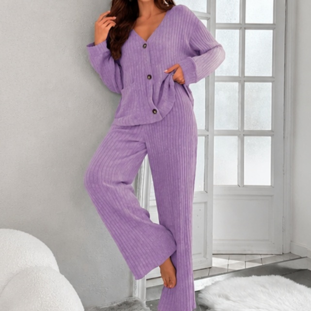 Chunky Cable Knit Women's Loungewear Set Solid Two Piece Pj Set Autumn Warm Breathable Long Sleeve V-Neck Plus Size Sleepwear