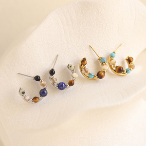 Pendientes de Piedra Natural de Ojo de Tigre, Pendientes con Patrón de Planeta de Piedra Natural, Pendientes de Acero Inoxidable Chapados en Oro - Product Image 2