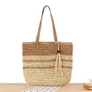 French Striped <b>Large</b> Capacity Woven Straw Tote <b>Bag</b> for Business Women New Color Contrast <b>Beach</b> <b>Bag</b> Embroidery Two Open - Product Image 3