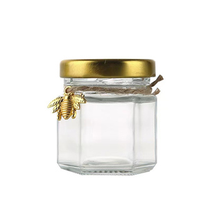 40Ml Small Hot Selling Hexagon Food Storage Container Spice Jars & Gold Glass Jar Containers Glass Honey Jam Jar With Metal Lid