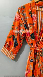 Orange Floral Printed Velvet Kimono Robe Women's Long Sleeve Wrap Bathrobe Autumn Winter Dressing Gown - Product Image 2
