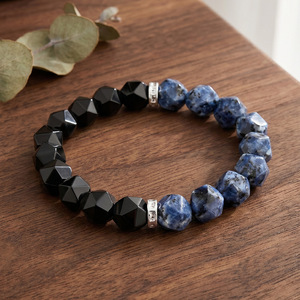 Blue Veined Agate And Obsidian Geometric <b>Beaded</b> <b>Bracelet</b> For Men Women Fashion Gift Jewelry - Product Image 1