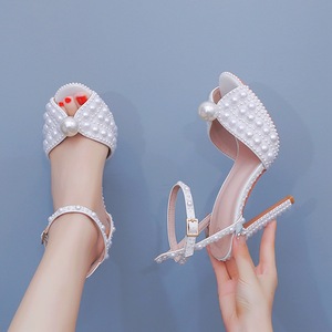 Handmade Customized Pearl Sandals 6.5CM 8CM 11CM Designer High Quality Fashion Wedding Dress Shoes <b>White</b> Beige Ladies <b>Heels</b> - Product Image 2