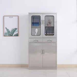 Meubles de bureau modernes, armoire à dossiers haute en acier inoxydable avec porte en verre et deux tiroirs - Product Image 1