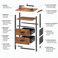 Table de chevet industrielle style ferme avec ports de charge USB, 2 tiroirs, en bois brun rustique et structure en métal noir, vente en gros