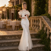 Robe de cocktail sirène ivoire à col montant, en tulle perlé, manches bouffantes, broderie vigne, sequins, longueur ras du sol avec traîne, sur mesure, vente en gros