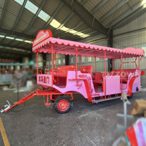 Voiture de tourisme multi-passagers rose et rouge, remorquable, avec toit festonné, pour les excursions en groupe dans les zones touristiques - Product Image 5