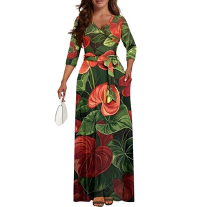 2024 nuevos productos personalizados Hawaii Life Anthurium flor estilo samoano estampado de talla grande Casual Sexy cuello en V <span class=keywords><strong>Maxi</strong></span> vestido estampado a pedido - Product Image 1