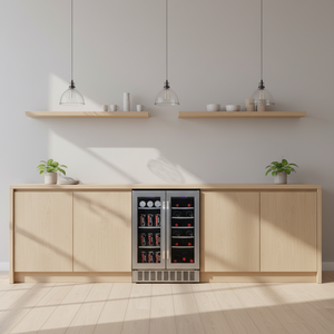 Frigorifero per Vini e Bevande OEM Commerciale Personalizzato Side by Side da 24 Pollici, 21 Bottiglie 61 Lattine, Frigo <span class=keywords><strong>Vino</strong></span> a Doppia Zona con Compressore - Product Image 1