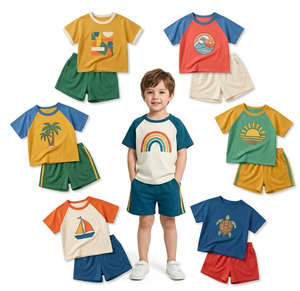 Conjunto de Verano Premium de Algodón con Cuello Redondo y Manga Corta para Niños, Estampado Mixto con Bloques de Color, Lote al por Mayor, Edades 0-12, Hecho en China - Product Image 2