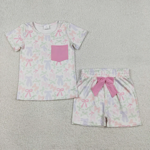 ชุดเสื้อผ้าเด็กผู้หญิงสำหรับฤดูร้อนพร้อมส่ง ลายโบว์สีพาสเทลสดใส ชุดเสื้อผ้าเด็กผู้หญิงสไตล์บูติก - Product Image 5