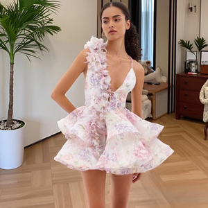 À la mode Sexy vacances fête Club fleur imprimé sans manches licou profond col en v <span class=keywords><strong>dos</strong></span> <span class=keywords><strong>nu</strong></span> Mini femmes <span class=keywords><strong>robe</strong></span> Sexy - Product Image 2