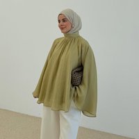 Haut musulman léger en crêpe pour femme, élégante blouse à manches longues, tunique modeste de style arabe de Dubaï pour le hijab 2026