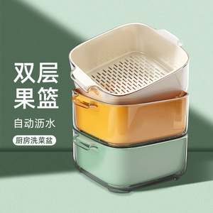 Double Layer Fruit Basket Plastic Vegetable Washing Basin Kitchen Sink Drainer Automatic Drainage - Product Image 1