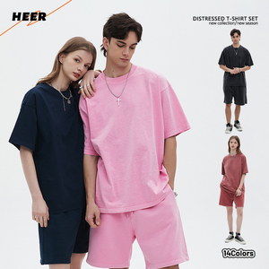 Set di t-shirt da <span class=keywords><strong>uomo</strong></span> estive personalizzate tuta in cotone 100% Shorts <span class=keywords><strong>oversize</strong></span> Washed Set 2 pezzi - Product Image 1