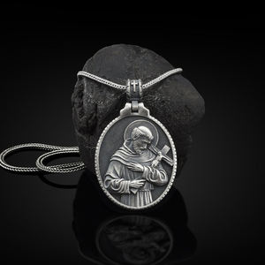 Collier pendentif ovale Jésus en étain sans plomb pour homme, articles religieux catholiques en gros, bijoux, <span class=keywords><strong>Saint</strong></span> François, chrétien - Product Image 2