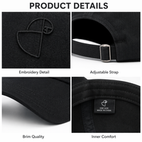 Gorra de Béisbol de Lujo Geométrica, Personalizada con Logotipo Bordado, de Sarga de Algodón Negra, Estructurada, de 6 Paneles, Ajustable, con Hebilla de Cobre Plateado