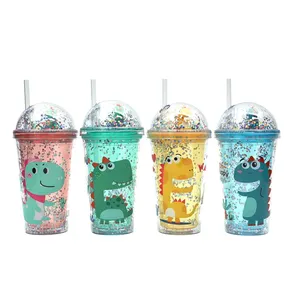 16oz 480ml custom cartoon dinosaur kids double wall plastic tumbler clear with lids and straw