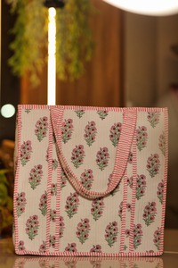 Hand Block Printed Cotton <b>Tote</b> <b>Bag</b> <b>Quilted</b> Fabric Handmade Eco Friendly Durable Lightweight Large Capacity Travel Shopping <b>Bag</b> - Product Image 2