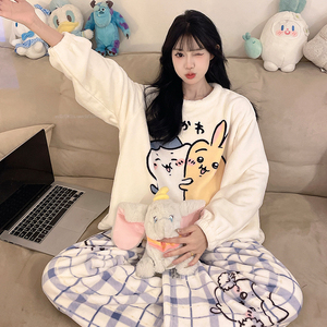 Pyjamas femmes hiver corail <span class=keywords><strong>polaire</strong></span> lâche extérieur portant chaud mignon pyjamas ensemble étudiant petit - Product Image 1