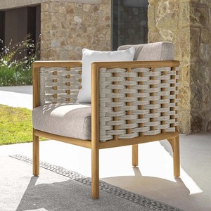 Set da Patio Accogliente in Legno Massello Intrecciato, Divano Singolo da Esterno con Cuscino, <span class=keywords><strong>Poltrona</strong></span> da <span class=keywords><strong>Giardino</strong></span>, Divani da <span class=keywords><strong>Giardino</strong></span> per Casa e Bar, Tuinmeubelen - Product Image 1