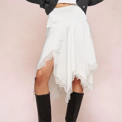 5802 Trend Products 2025 Ruffled Triacetate Skirt French Style Low-waistline White Lace Acetate Irregular Skirt