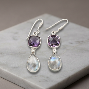 Akratijewels Inc. Elegantes Pendientes Colgantes de Plata de Ley 925 con Baño de Rodio, con Amatista Natural y Piedra Lunar Arcoíris - Product Image 4