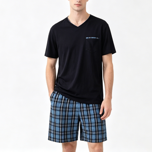 Conjunto <span class=keywords><strong>de</strong></span> Pijama Personalizado para Hombre, Camisón <span class=keywords><strong>de</strong></span> Manga Corta a Cuadros para Hombre Mayor, Ropa <span class=keywords><strong>de</strong></span> Dormir, Ropa <span class=keywords><strong>de</strong></span> Casa, Pijama <span class=keywords><strong>de</strong></span> 2 Piezas, Camisón para Hombre - Product Image 1