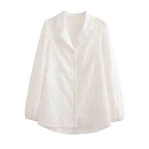 Embroidery white color turn down collar long sleeve buttons up casual 2023 blouse tops for women